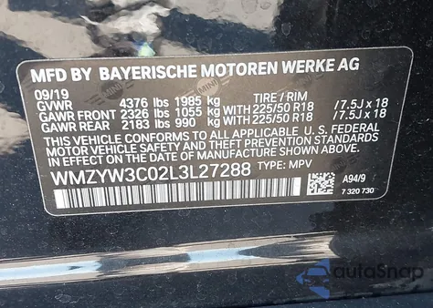 2020 Mini Countryman Cooper из США, поврежденный, VIN WMZYW3C02L3L27288